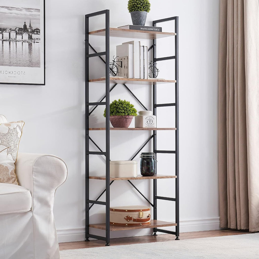 Industrial 5 Tier Wood Bookshelf with Metal Frame R3978