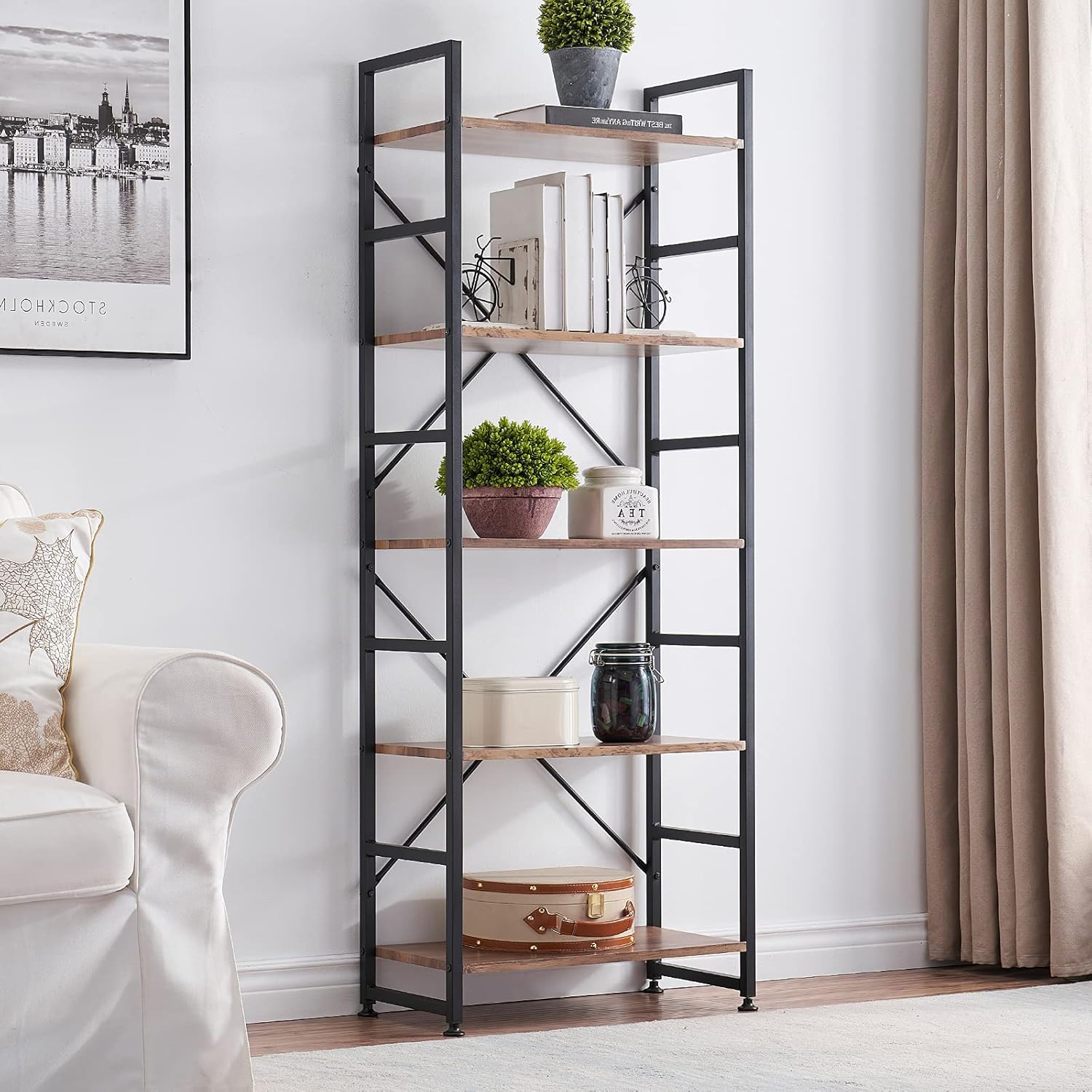 Industrial 5 Tier Wood Bookshelf with Metal Frame R3978