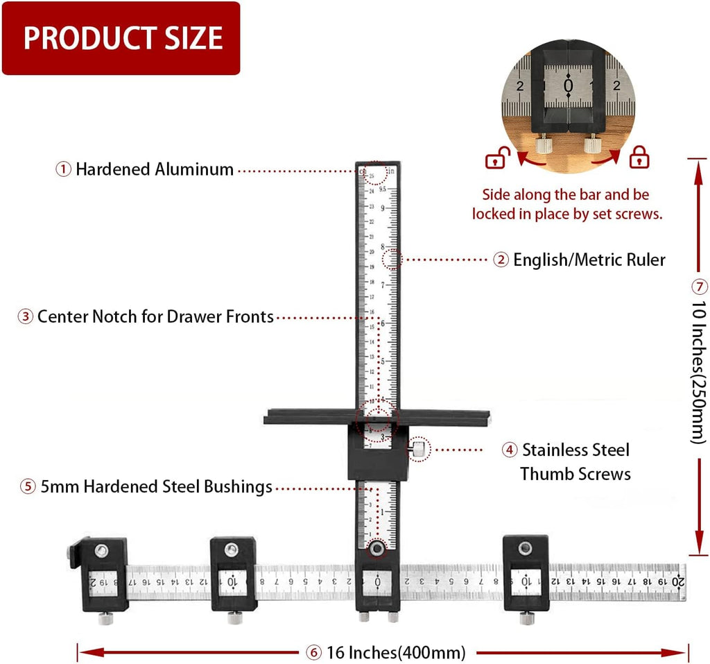 Cabinet Hardware Jig, Aluminum Alloy Handle Template Tool with Automatic Center Punch and 4 Drill Bits A107660