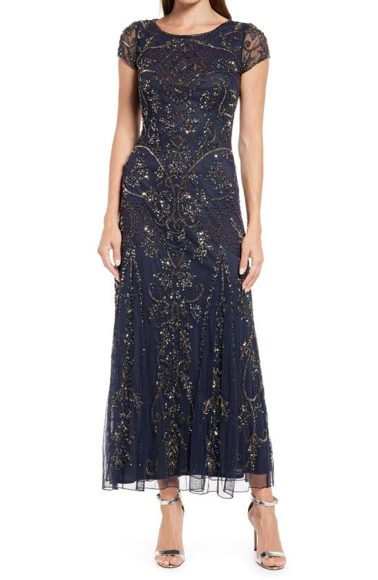 Beaded Mesh Column Gown F15011