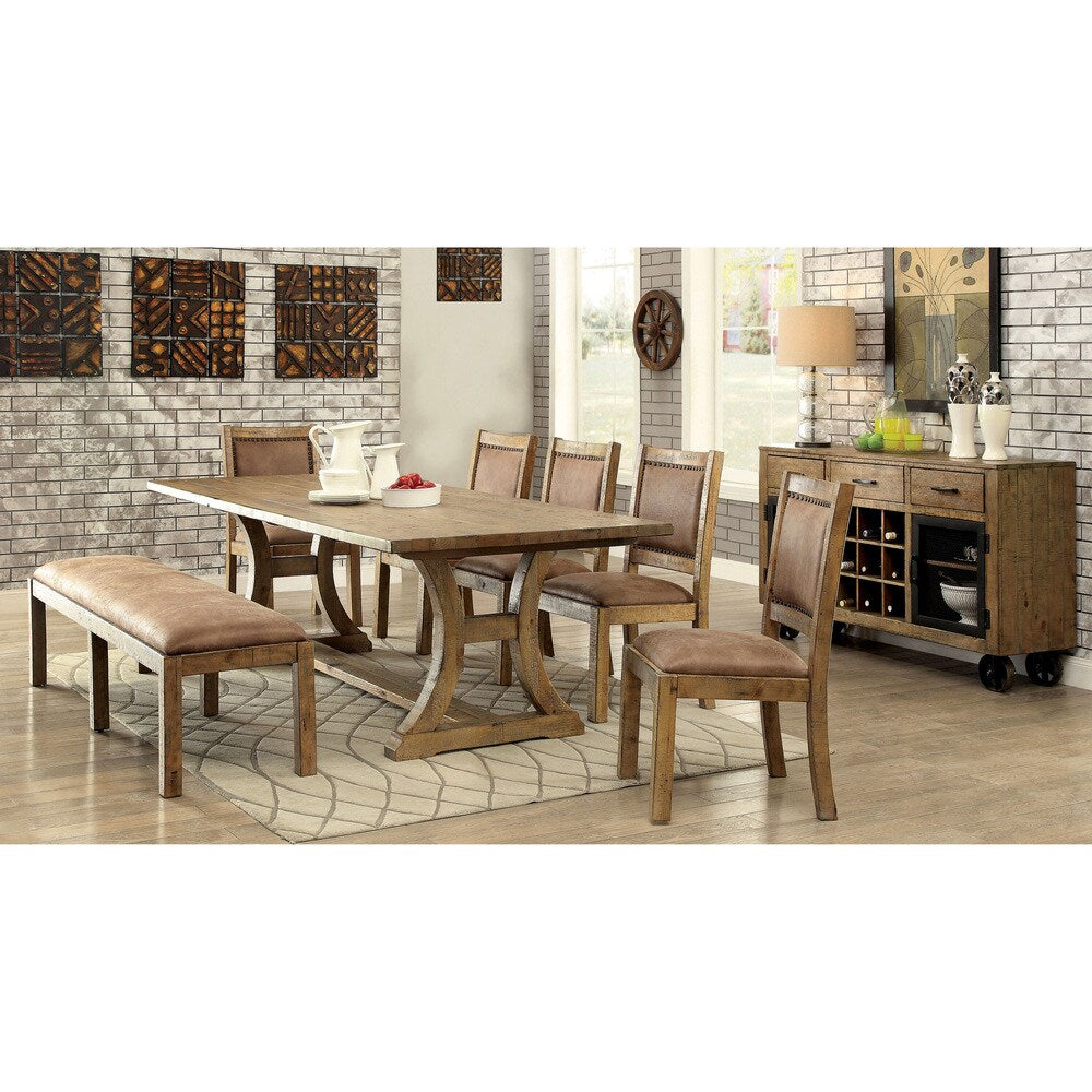 Rustic Wood Brown Faux Leather Dining Bench L644388