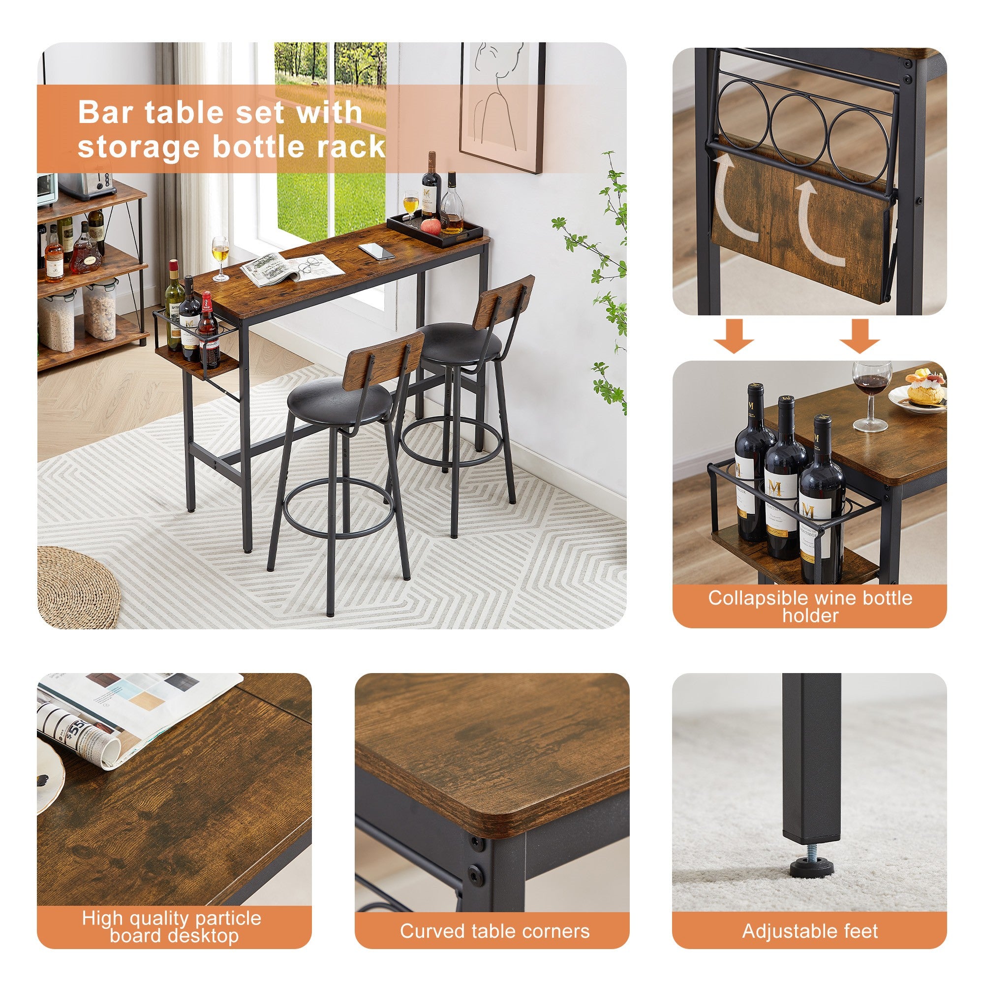 Rustic 3-Piece Dining Table Set with 2 Stools Z40331