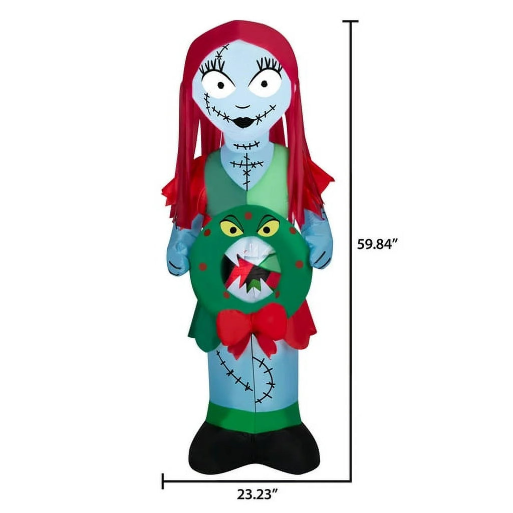 5.5 Foot Stylized Jack Skellington Inflatable with Spider Snowflake and Sally Holding Wreath J807