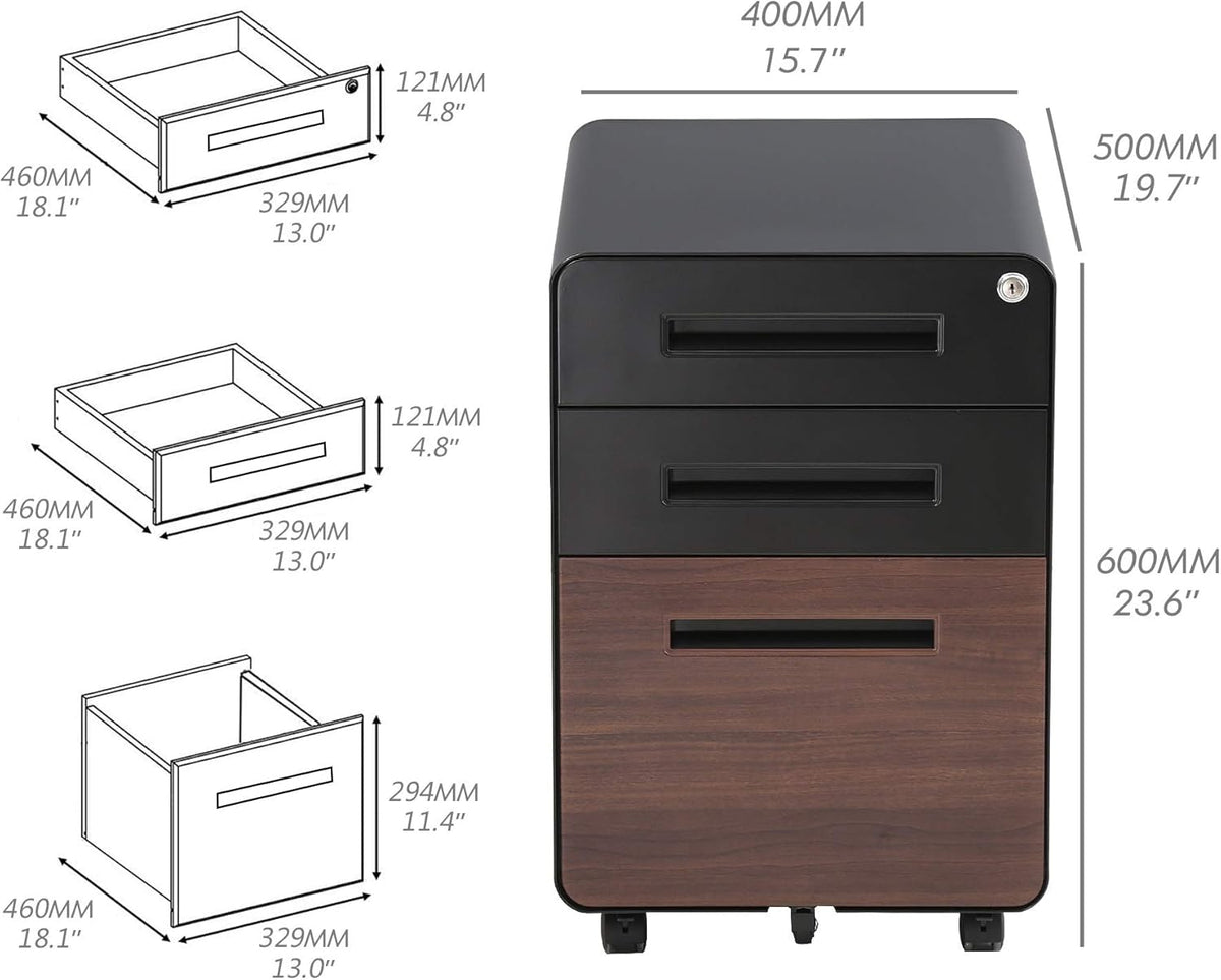 3 Drawer Slim Vertical Locking Mobile File Cabinet with Casters Metal Filing Cabinet L5403