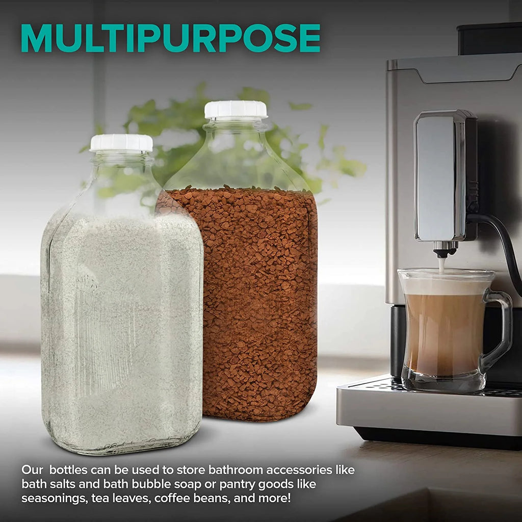 64-Oz Glass Milk Bottles with 3 White Caps, Dishwasher Safe I429