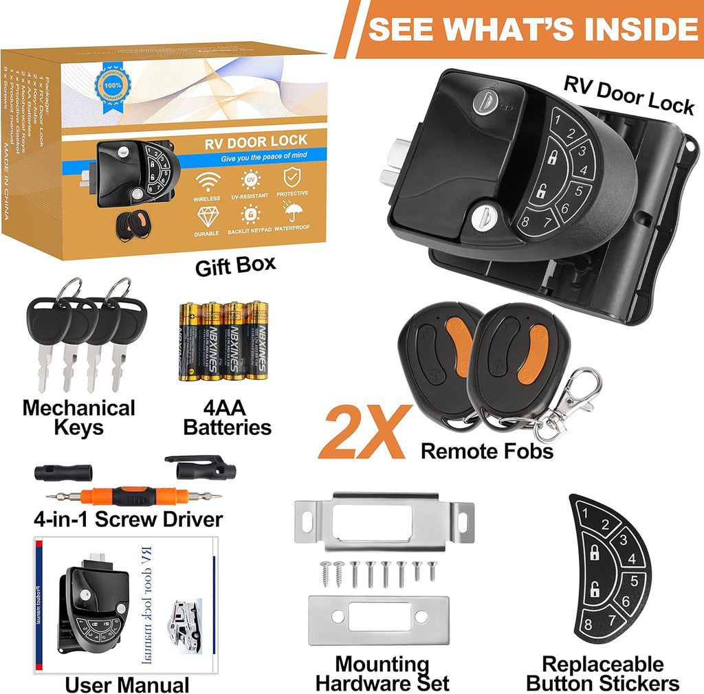 Black Zinc Alloy RV Door Lock with Keypad and Remote Fobs C91436