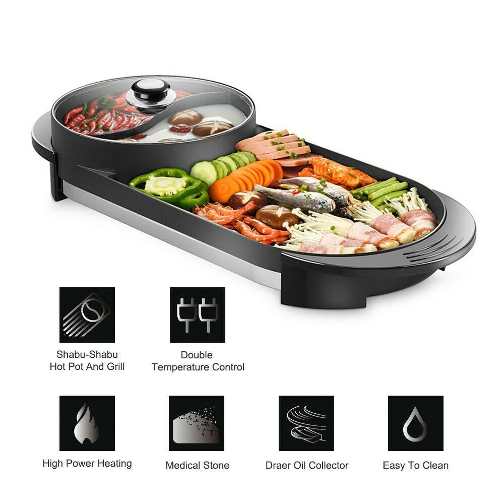 2 in 1 Electric Hot Pot Grill Non-Stick Smokeless Barbecue Pan 1100W V728734