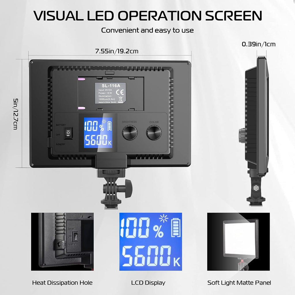 LED Panel Light with LCD Display, Dimmable Bi-Color 3200-5600K CRI95+ G39554