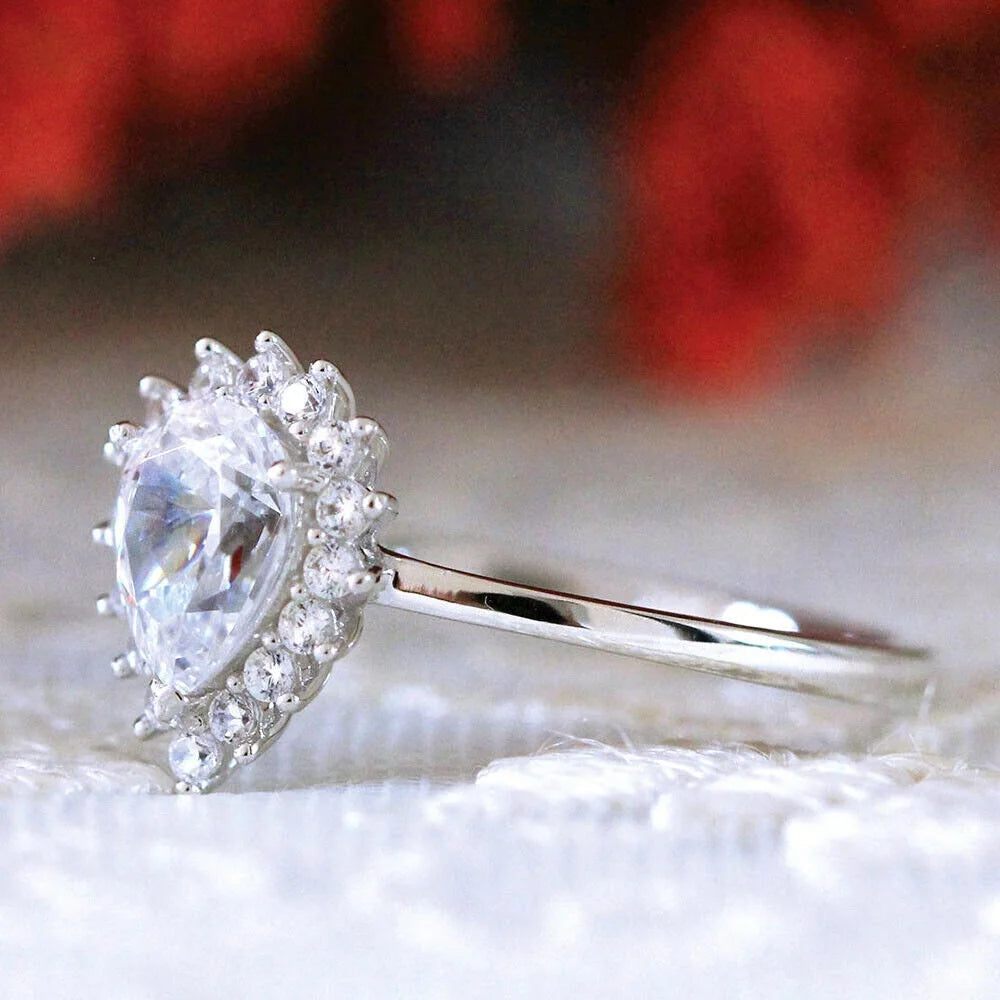 Pear Shape Moissanite Solitaire Engagement Ring, 18K White Gold Plated / 925 Sterling Silver Ring V564