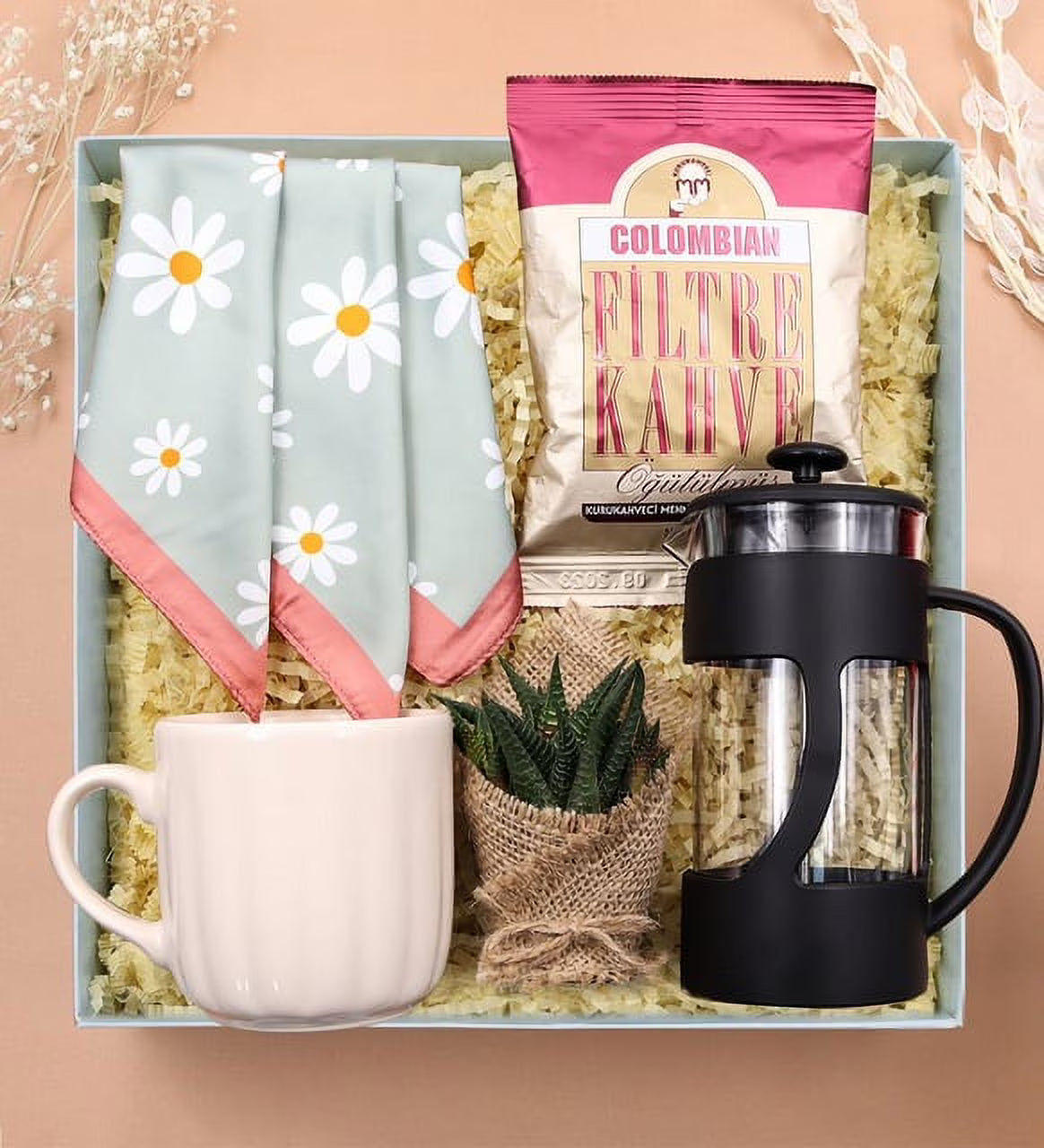 Cup & Black French Press & Colombian Filter Coffee & Sukulent Flower & Daisy Patterned Foulary Set X918572