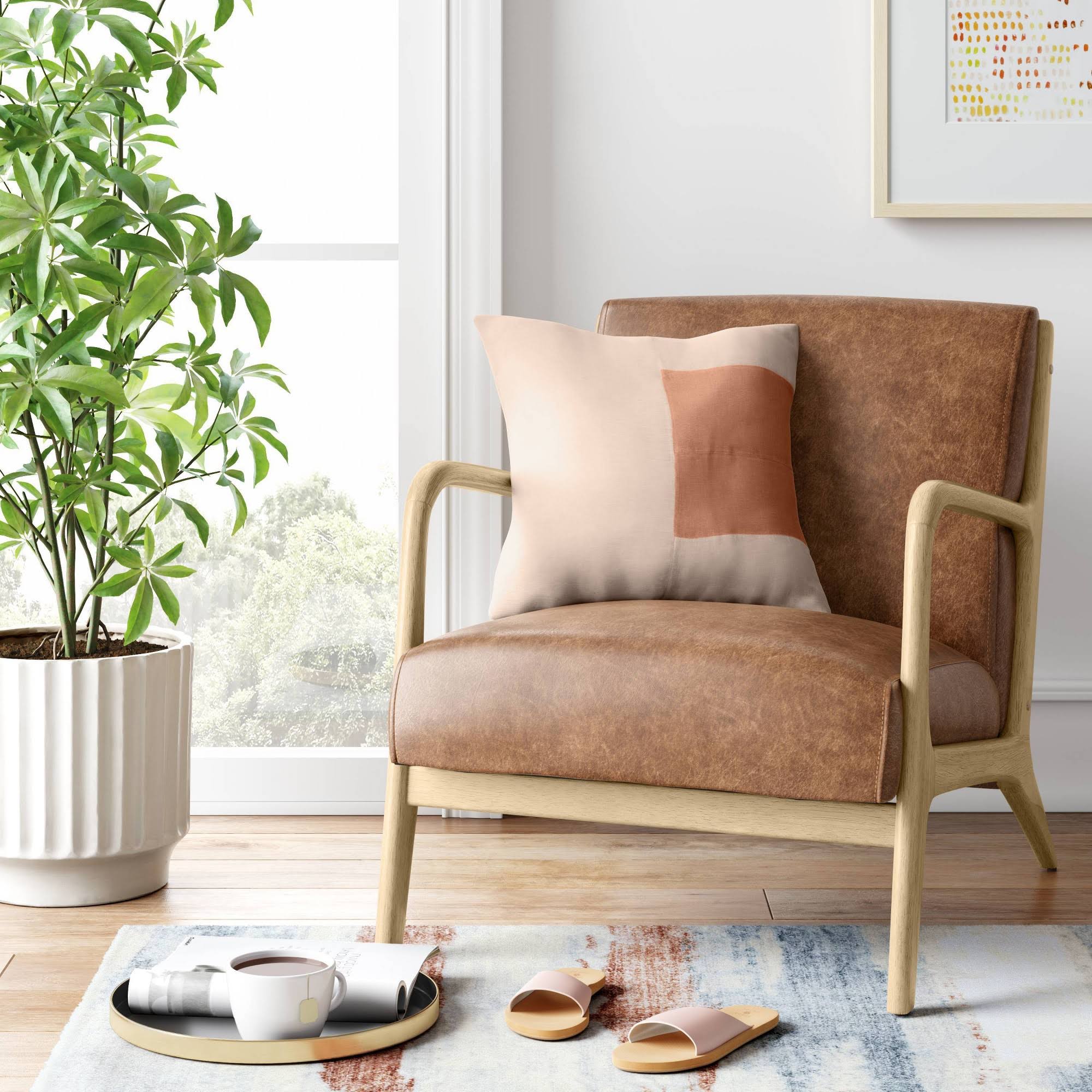 Caramel Faux Leather Wood Armchair T851666