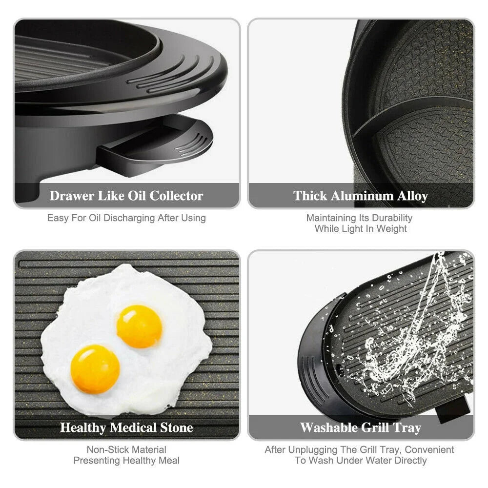 2 in 1 Electric Hot Pot Grill Non-Stick Smokeless Barbecue Pan 1100W V728734