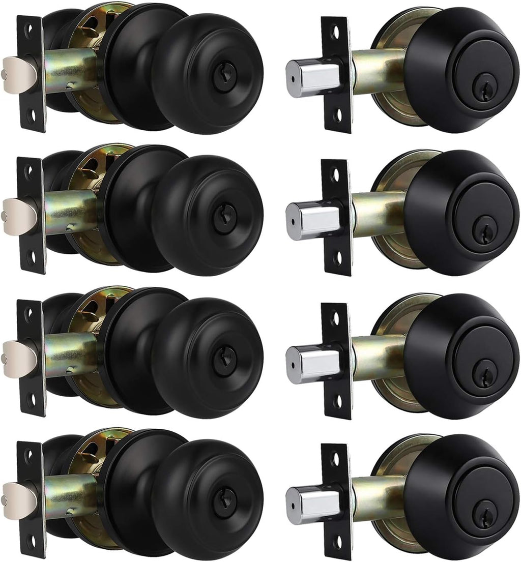 3 Pack Keyed Alike Entry Door Knobs and Single Cylinder Deadbolt Lock Combo Set Matte Black G2517