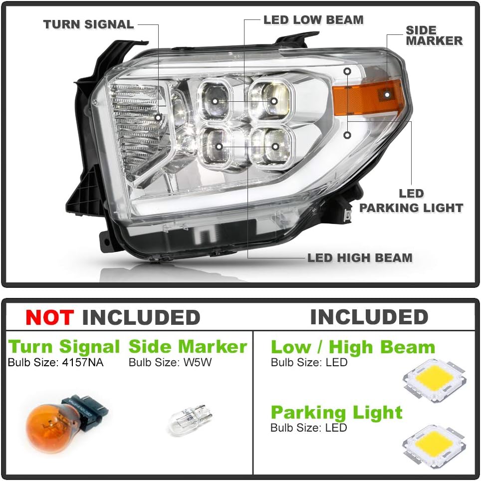 Chrome LED Quad Projector Headlights Headlamps for 2014-2017 Toyota Tundra SR SR5 B664370