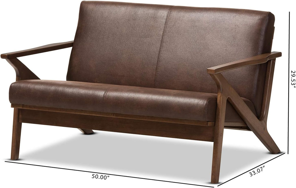 Walnut Wood Dark Brown Distressed Faux Leather 2-Seater Loveseat A96876