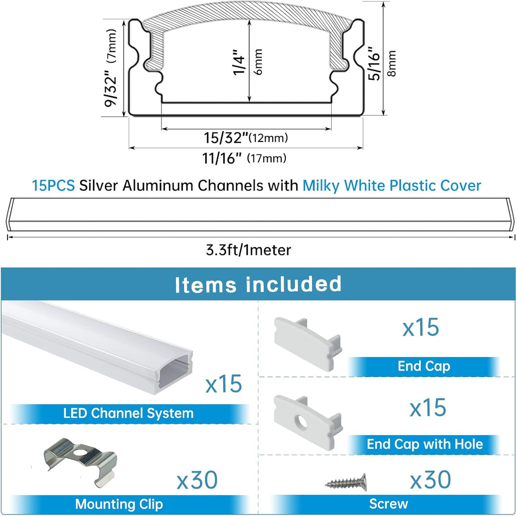 15Pack 3.3FT/1M LED Channel System with Milky White Cover Lens, Silver Aluminum Extrusion Profile Housing Track for Strip Tape Light, U Shape, Pack of 2 U3184