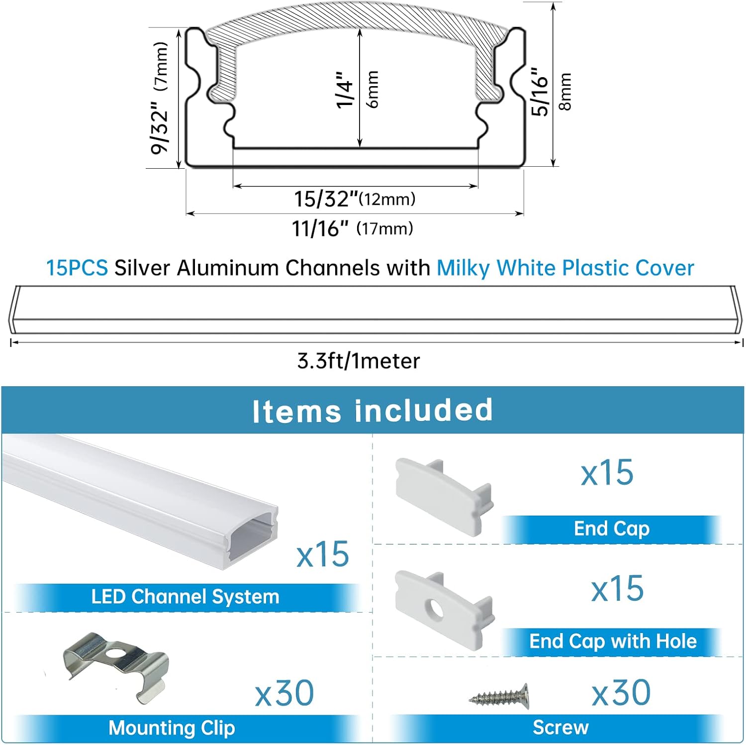 15Pack 3.3FT/1M LED Channel System with Milky White Cover Lens, Silver Aluminum Extrusion Profile Housing Track for Strip Tape Light, U Shape, Pack of 2 U3184