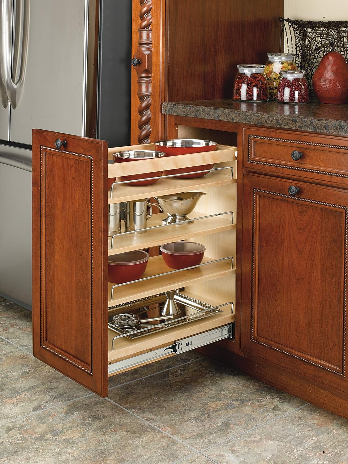 11 Inch Base Cabinet Pullout Storage Organizer with Adjustable Wood Shelves and Chrome Rails A96856