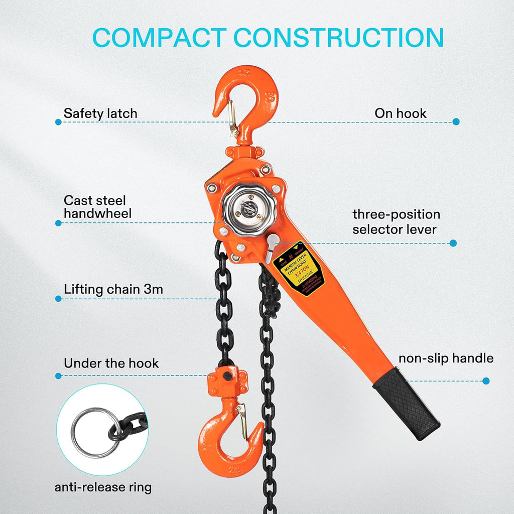 3/4 Ton Capacity 5 Feet Lever Chain Hoist with 2 Hooks Z60687