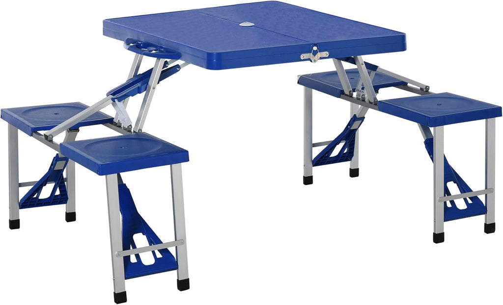 Blue 4-Seats Aluminum Fold Up Picnic Table Set with Four Chairs D138