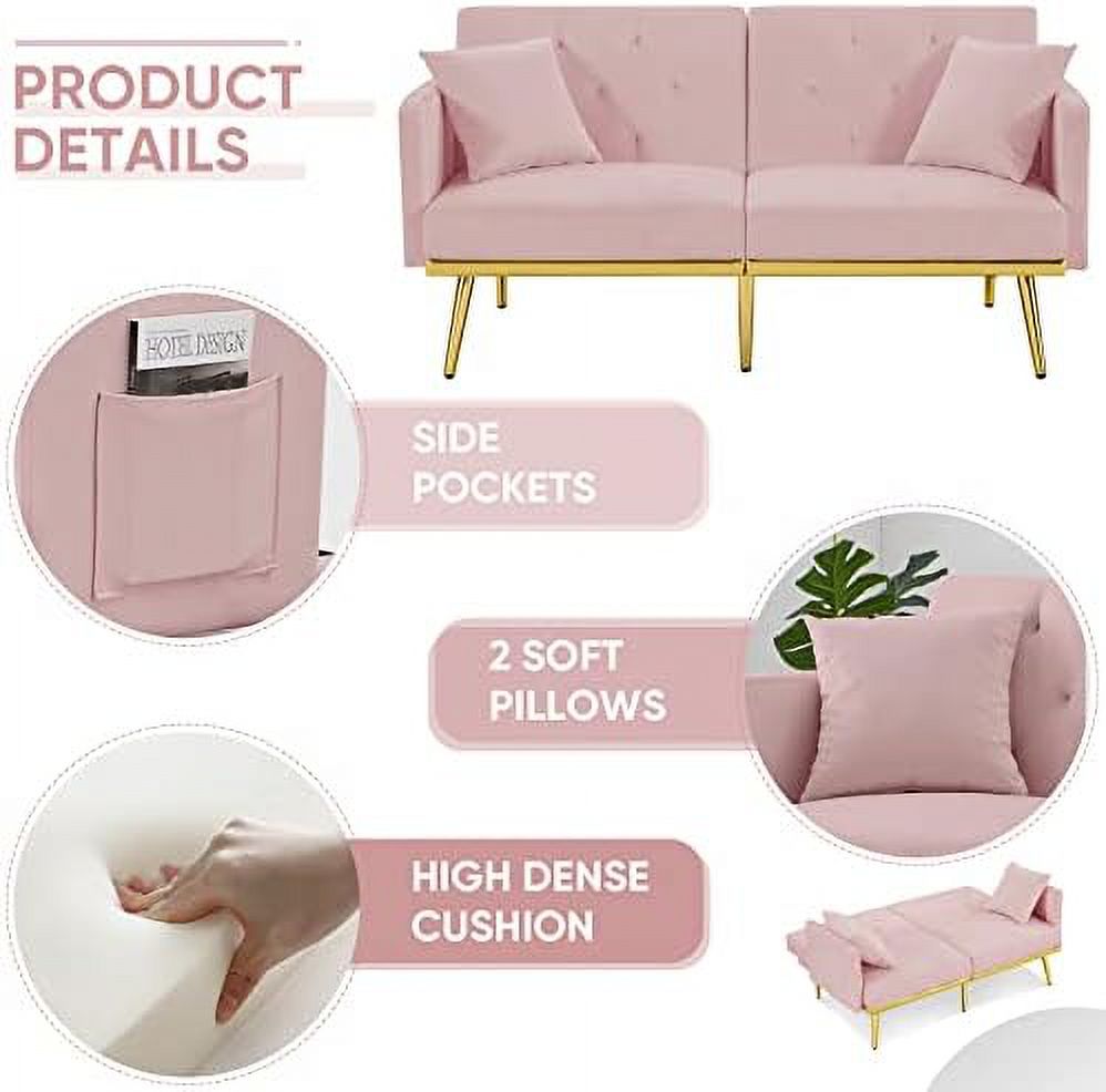 Grey Velvet Convertible Futon Sofa Bed with Two Pillows E263238