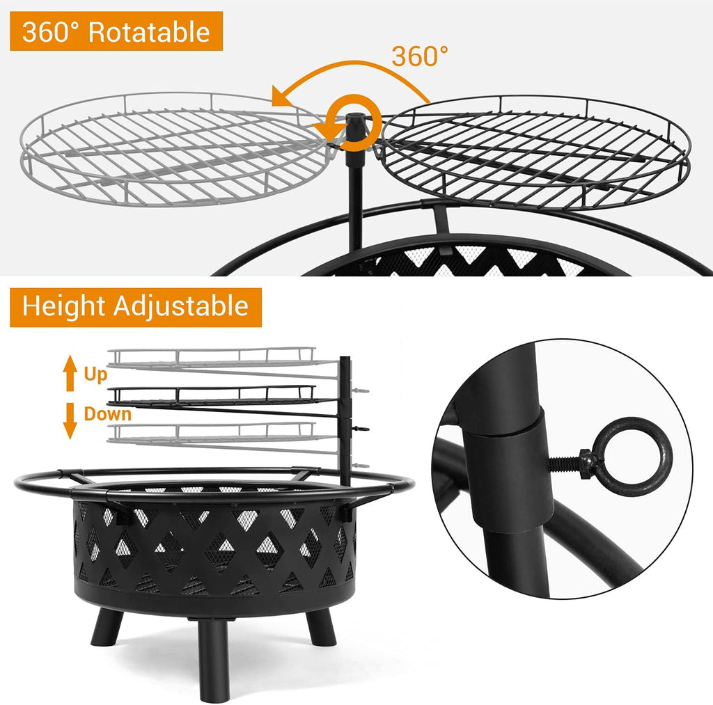 30 Inch Wood Burning Fire Pit with Cooking Grate, Mesh Lid & Poker M386