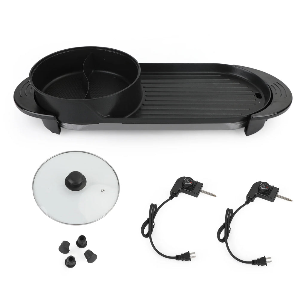 2 in 1 Electric Hot Pot Grill Non-Stick Smokeless Barbecue Pan 1100W V728734