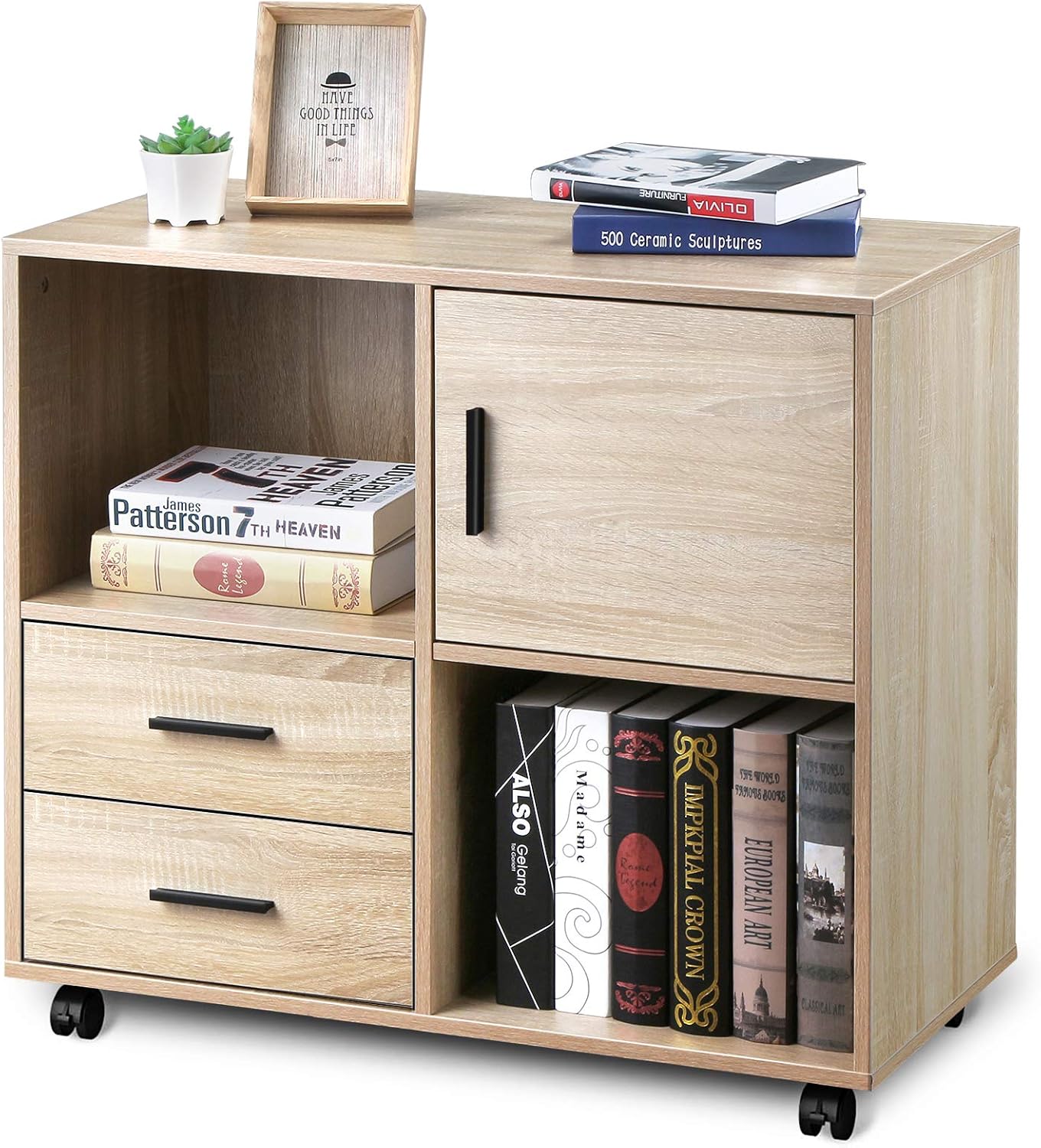 Oak Black 3 Drawer Mobile Wood File Cabinet with Wheels F4493
