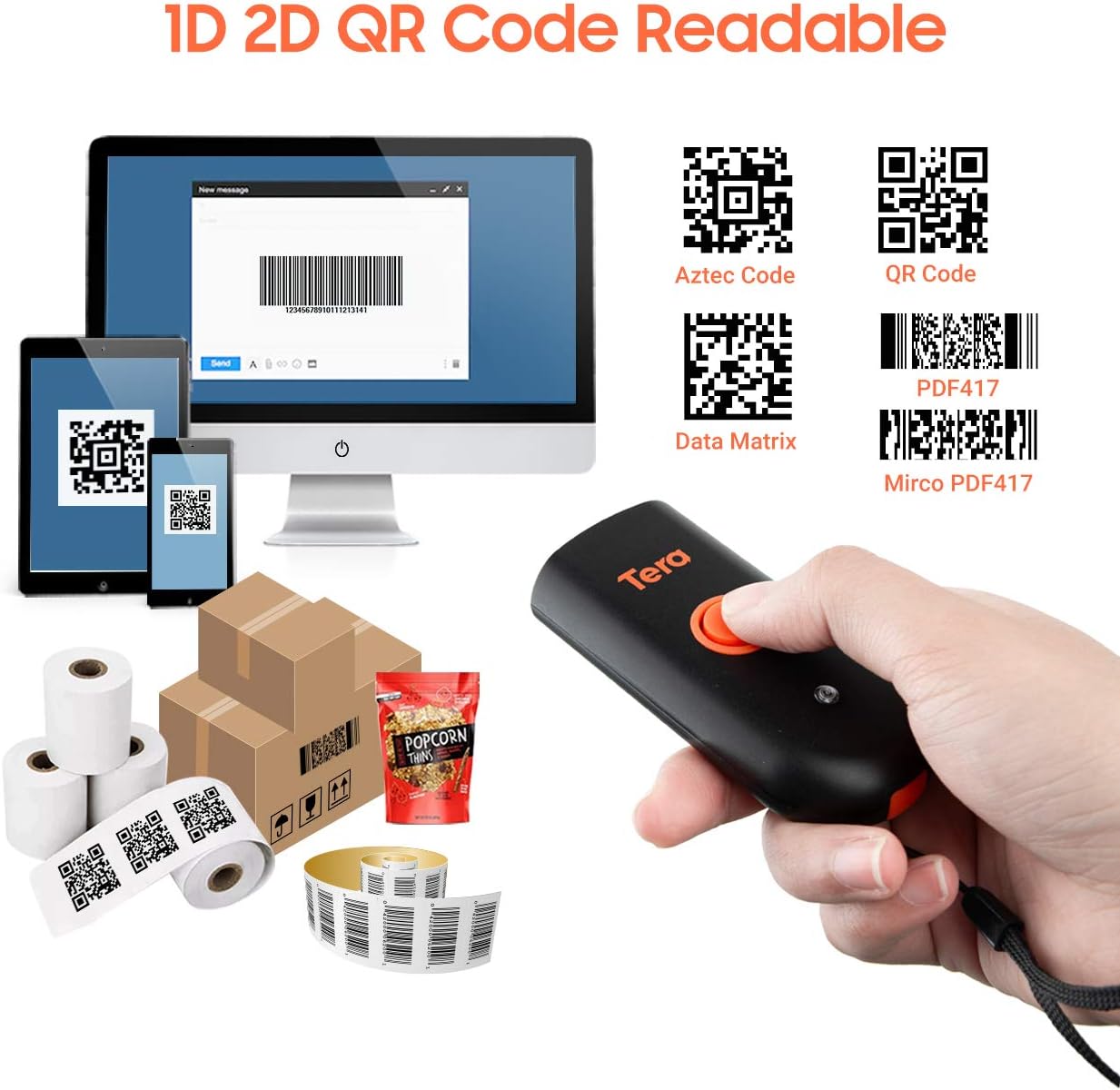 Wireless Barcode Scanner, Waterproof Shockproof Mini Pocket 2D Scanner, Bluetooth 5.0 & USB Wired & 2.4G Bar Code Reader K1749