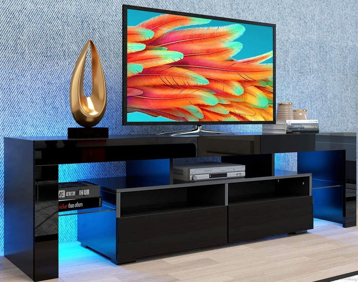 Black TV Stand with LED Lights and Storage Cabinet Shelves Q750595