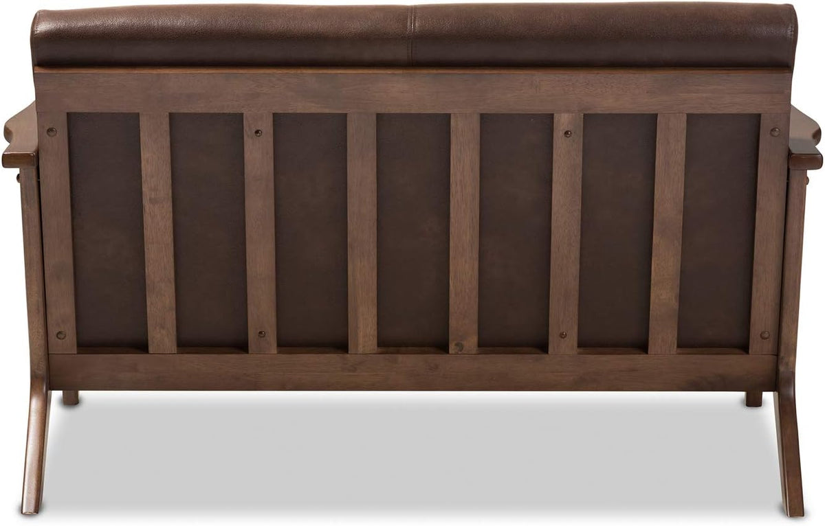 Walnut Wood Dark Brown Distressed Faux Leather 2-Seater Loveseat A96876