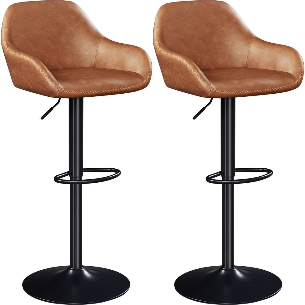 Vintage Adjustable Faux Leather Bar Stools with Backrest, Set of 2, Brown D228
