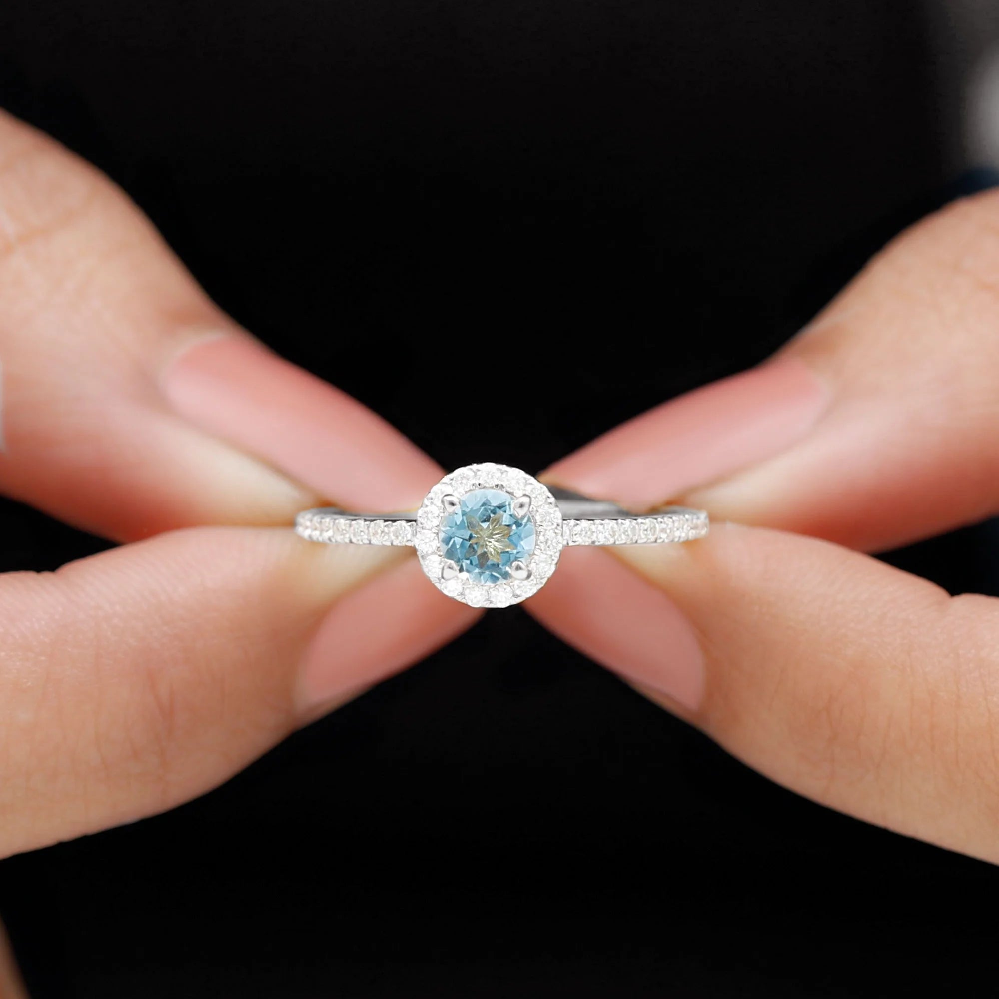 10K White Gold Aquamarine Ring with Diamond Halo F3108