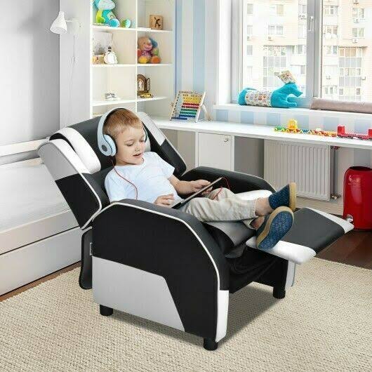 White PU Leather Kids Gaming Sofa Recliner with Headrest and Footrest Y145145