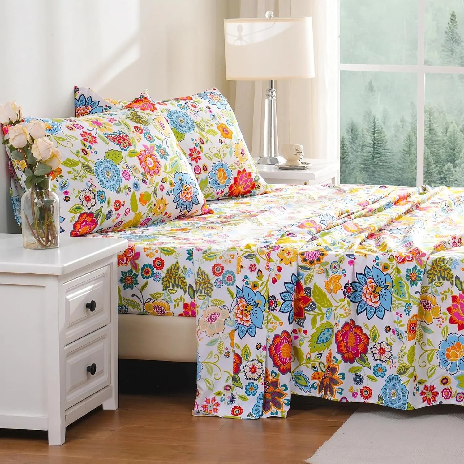 Queen Size 4 Piece Microfiber Floral Bed Sheets E190