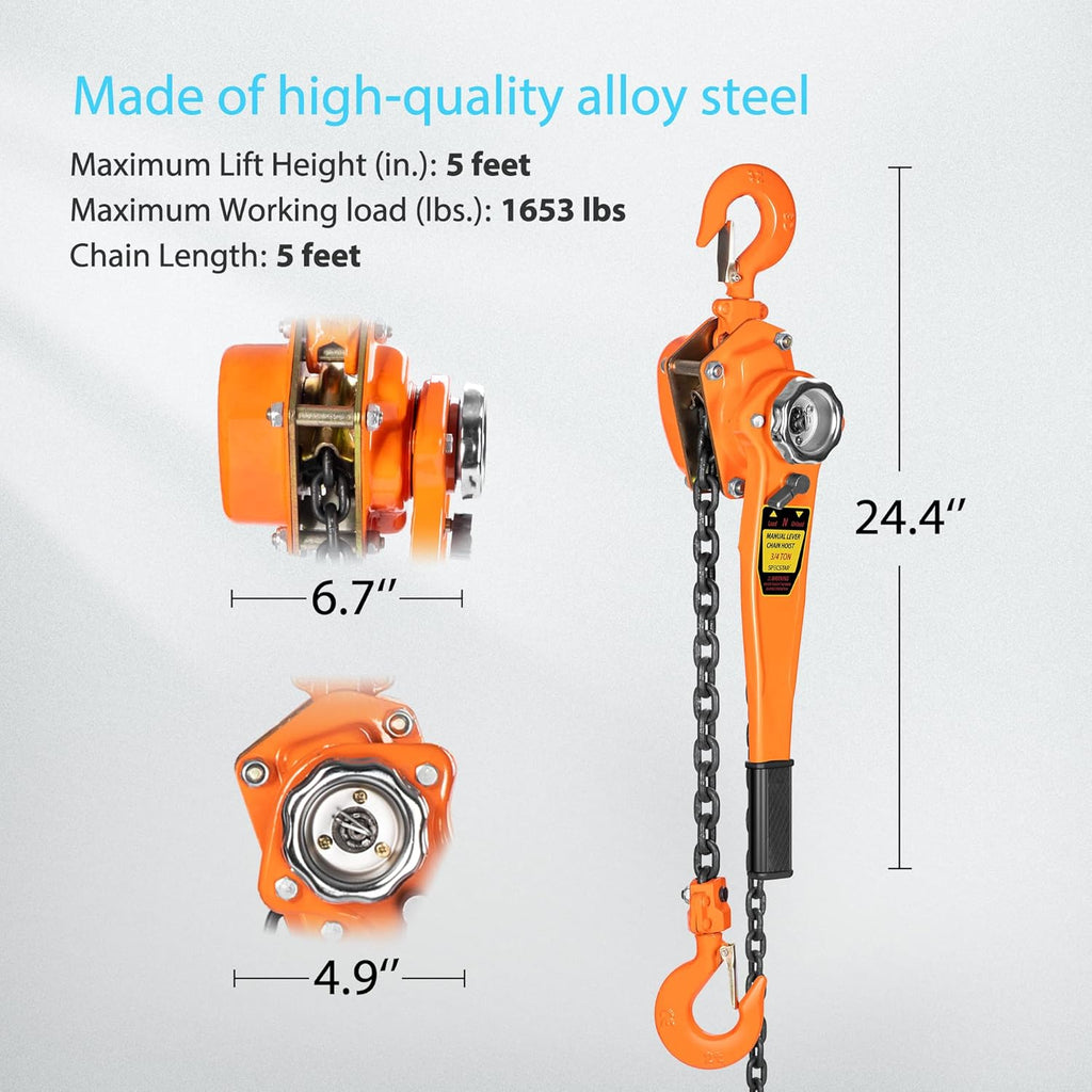 3/4 Ton Capacity 5 Feet Lever Chain Hoist with 2 Hooks Z60687