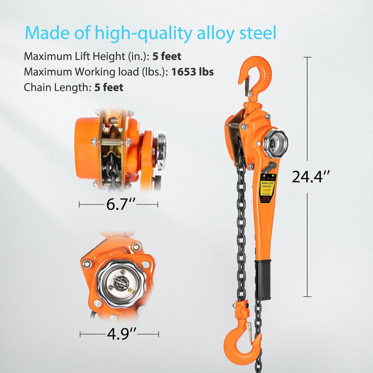 3/4 Ton Capacity 5 Feet Lever Chain Hoist with 2 Hooks Z60687