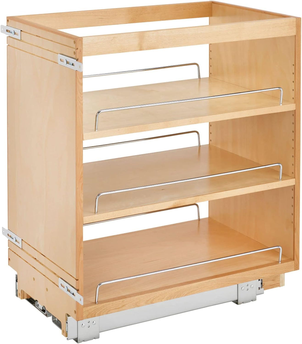 11 Inch Base Cabinet Pullout Storage Organizer with Adjustable Wood Shelves and Chrome Rails A96856