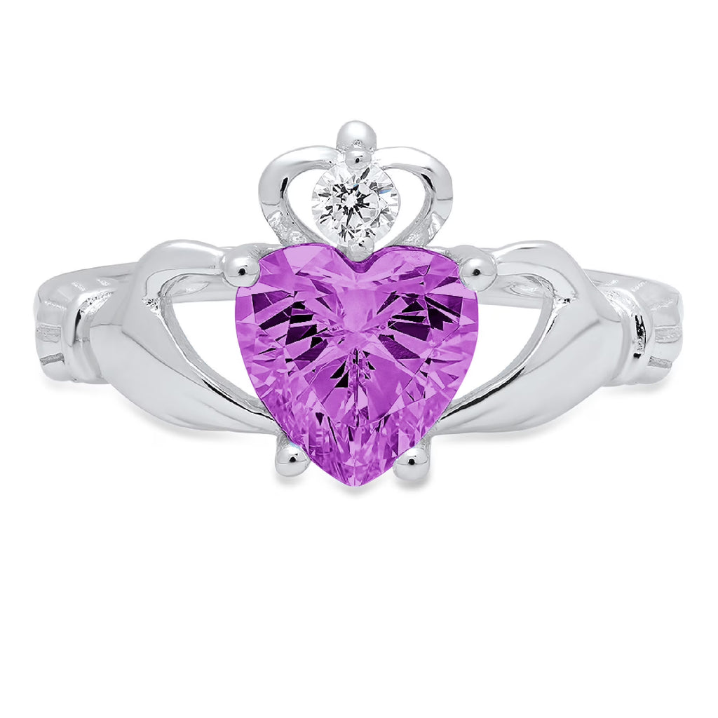 1.06ct Heart Cut Simulated Alexandrite 18k White Gold Claddagh Ring Size 3.75 J465
