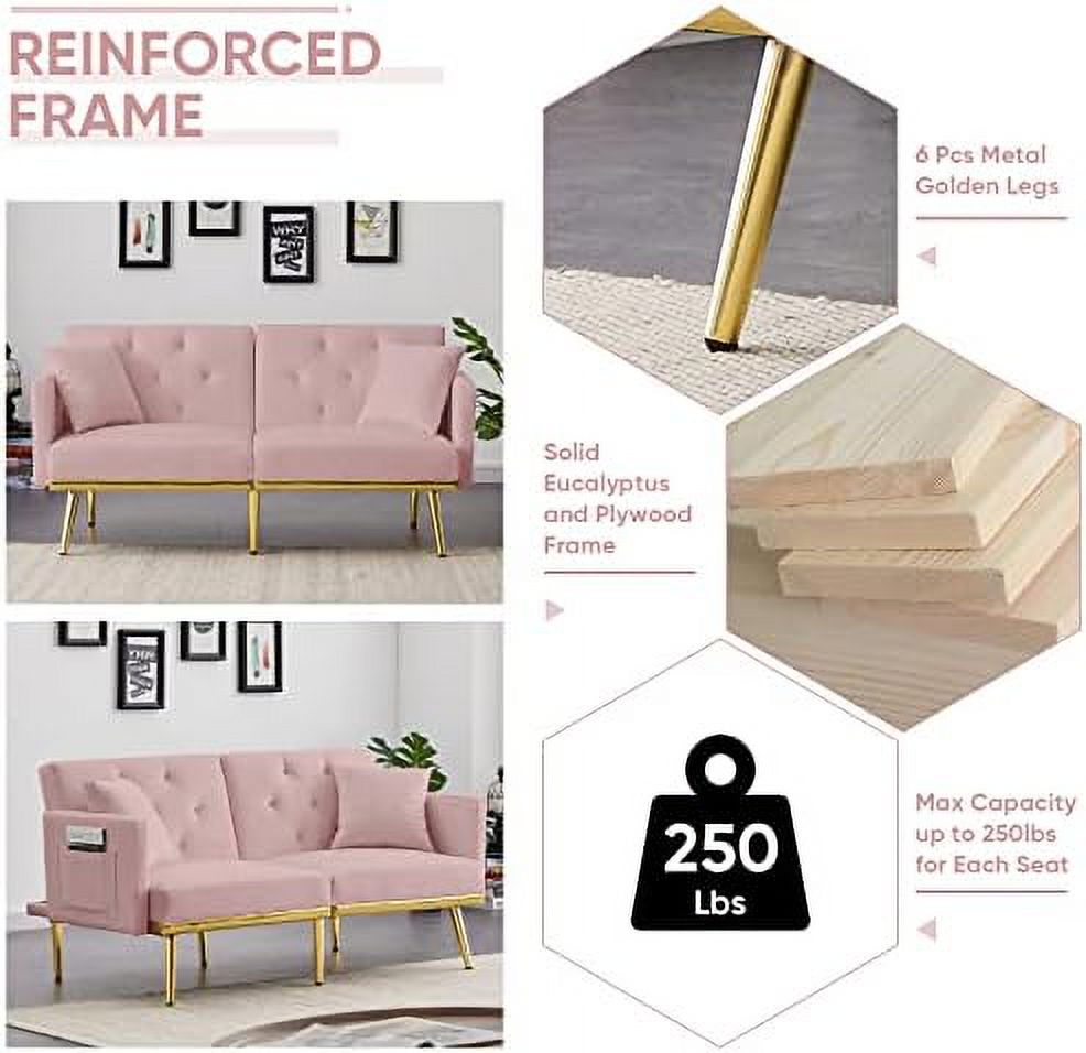 Grey Velvet Convertible Futon Sofa Bed with Two Pillows E263238