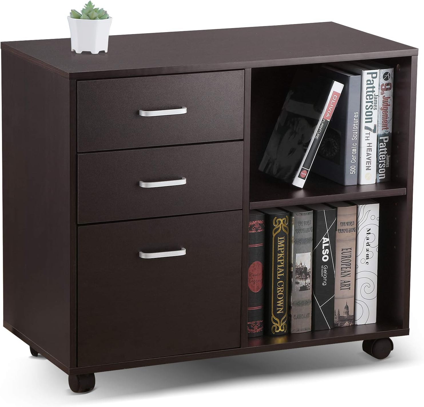 Oak Black 3 Drawer Mobile Wood File Cabinet with Wheels F4493
