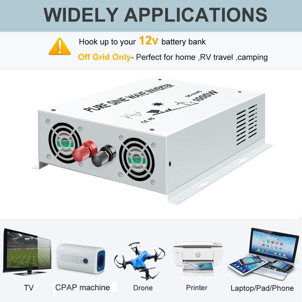 1000 Watt 12V Pure Sine Wave Power Inverter Dual 120V AC Outlets U529116