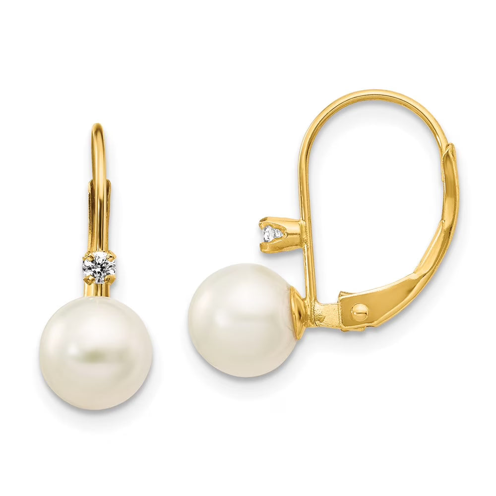 14kt Yellow Gold FW Cultured Pearl Diamond Leverback Earrings Y8428