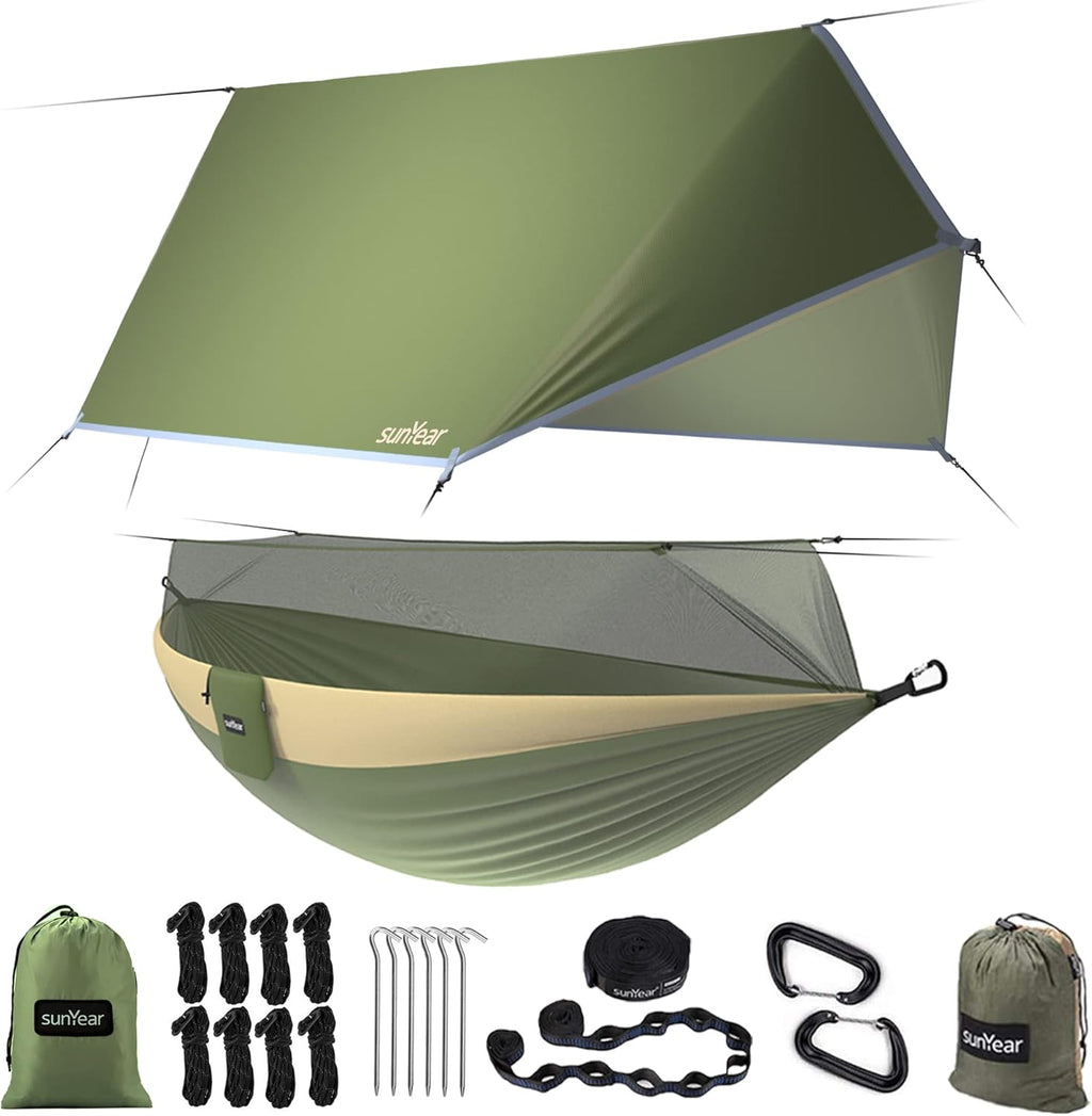 Portable Double Hammock with Net, 2 Person Hammock Tent with Straps J947