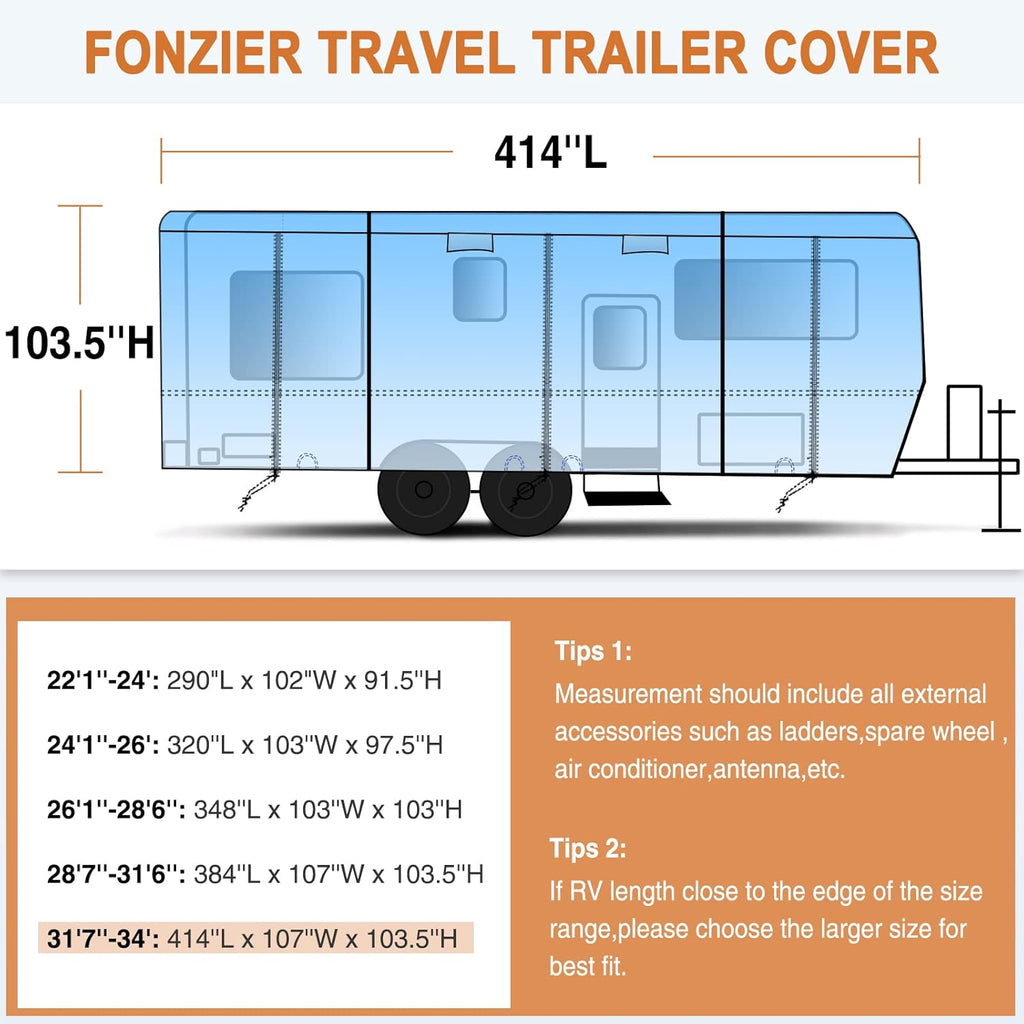 Heavy Duty 6 Layers Travel Trailer RV Cover Anti-UV Camper Cover for 31'7" - 34' Motorhome Breathable Rip-Stop with 2Pcs Extra Straps & Gutter Spout Covers R84082