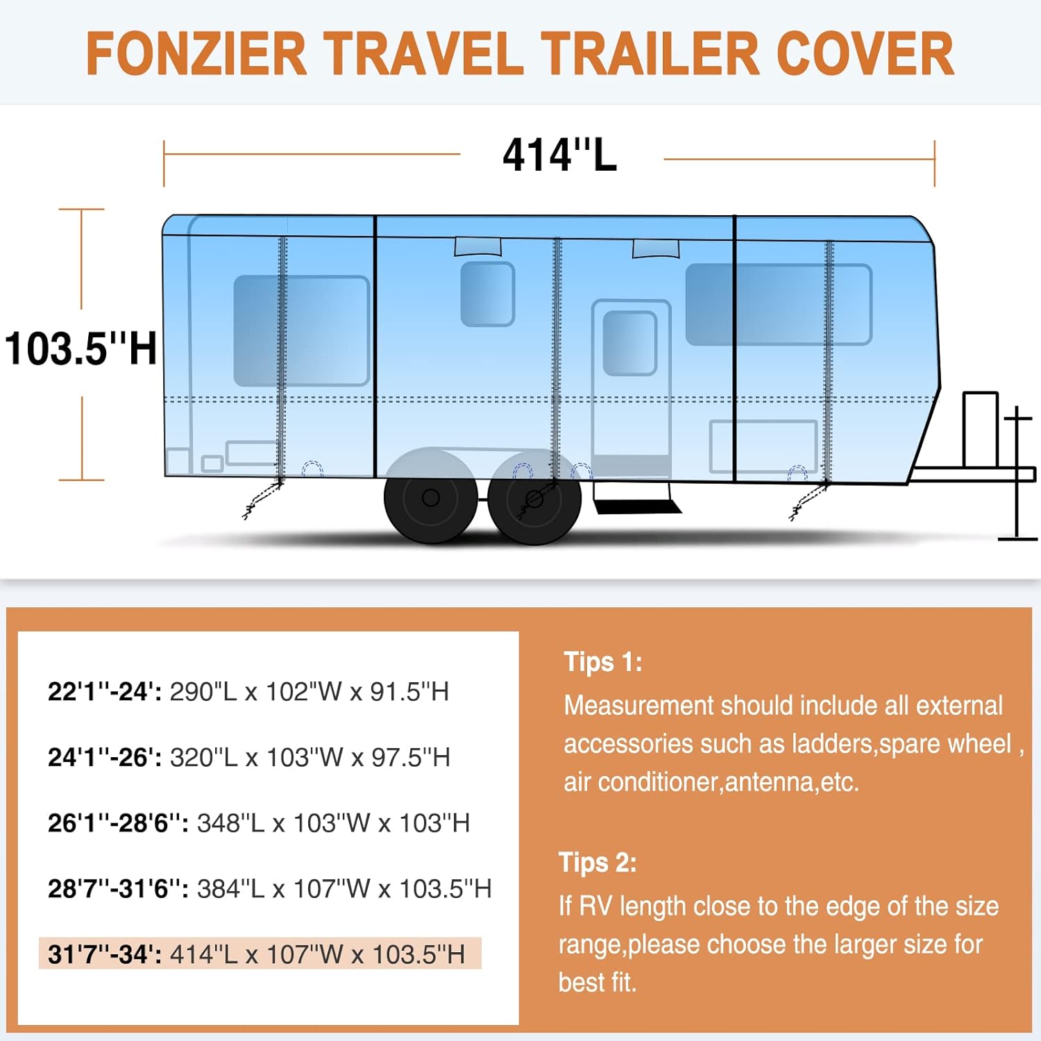 Heavy Duty 6 Layers Travel Trailer RV Cover Anti-UV Camper Cover for 31'7" - 34' Motorhome Breathable Rip-Stop with 2Pcs Extra Straps & Gutter Spout Covers R84082