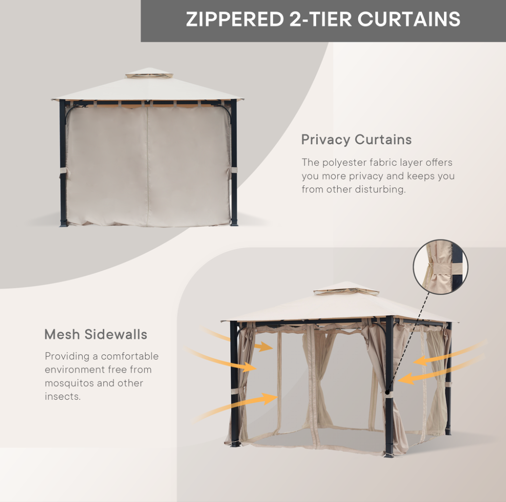 10 x 10 Outdoor Polyester Gazebo with Mosquito Netting and Privacy Curtains B84736