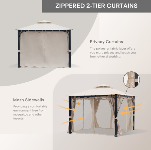 10 x 10 Outdoor Polyester Gazebo with Mosquito Netting and Privacy Curtains B84736