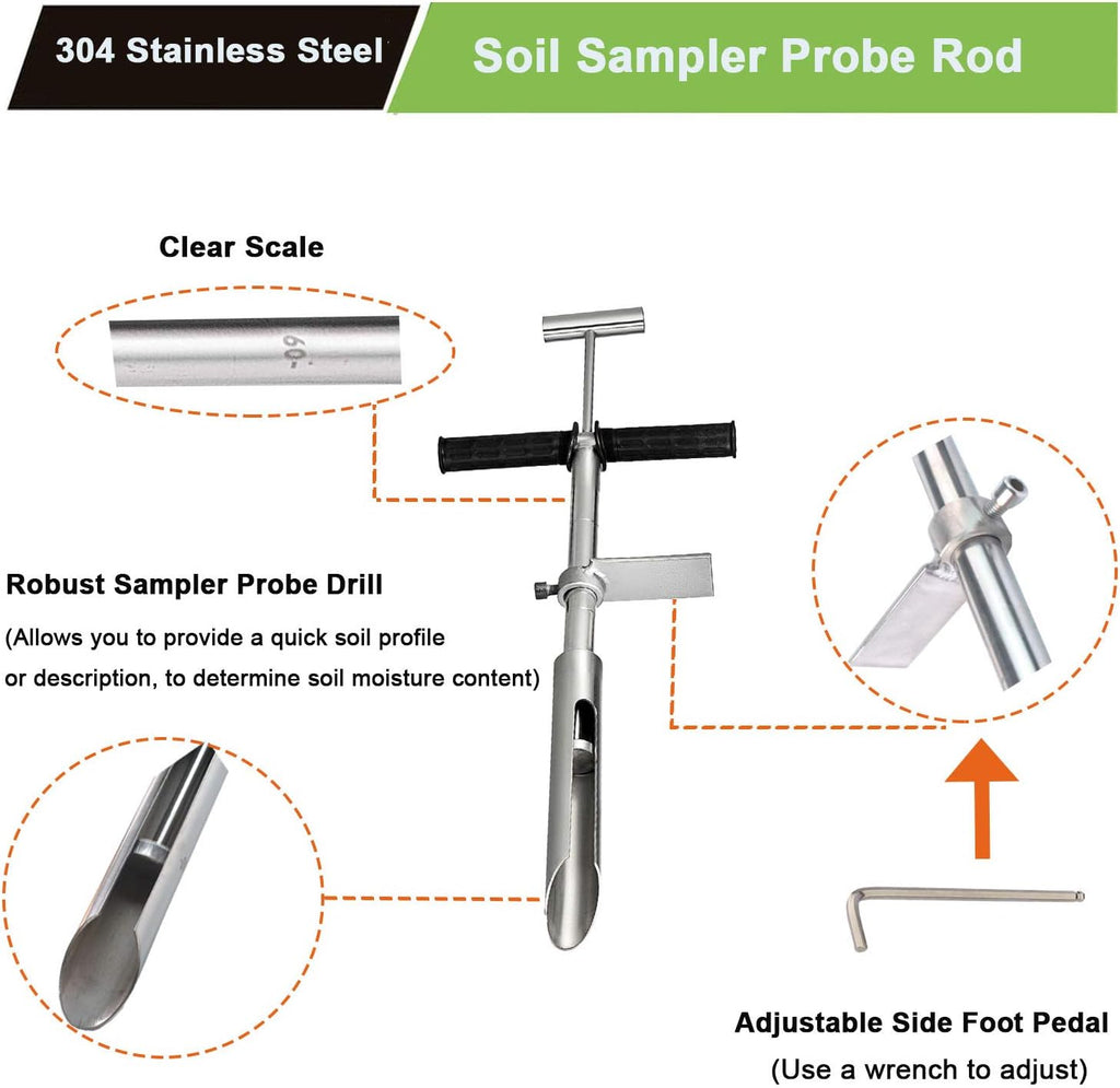 40" Soil Sampler Probe Rod with Sample Ejector, 304 Stainless Step Tube with Foot Pedal T-Style Handle R348193