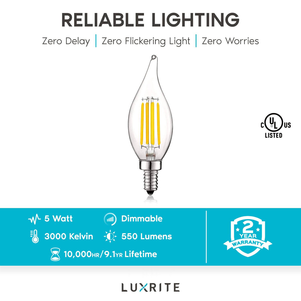 24 Pack Dimmable LED Bulb, 550 Lumens, 3000K Soft White, Flame Tip Clear Glass N89082